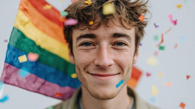 Smiling Young Man With Rainbow Flag And Confetti. Celebrating Lgbtq+ Pride And Diversity - Powered by Adobe
