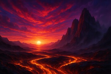 Fiery lava river flows through dramatic mountainous landscape at sunset