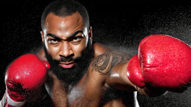 Fierce male boxer with beard and tattoo lunges forward throwing powerful right punch as sweat sprays dramatic motion in dark studio fight scene, intense expression and red gloves - Powered by Adobe