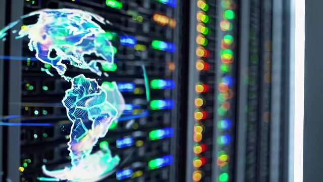 Data center with globe on it. Data server is network technology. Globe with a digital connection to a light. A data center featuring a globe lifestyle.