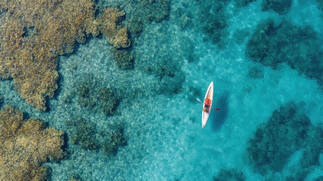 Kayaker Exploring Vibrant Coral Reef In Crystal Clear Waters. Adventure And Nature Connection