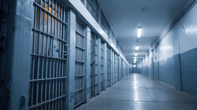 Prison Corridor With Metal Cell Doors And Fluorescent Lighting. Symbolizes Confinement And Security