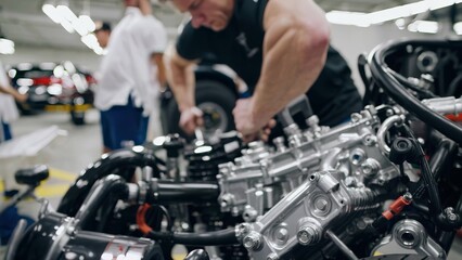 Fototapeta premium Man working on a car engine. Male mechanic repairing a car engine. Tools and equipment for engineering in a workshop. A person repairing an automobile engine lifestyle.