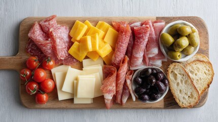 Charcuterie Board With Meats, Cheeses, Olives, Tomatoes, And Bread. Perfect For Gourmet Appetizers And Entertaining