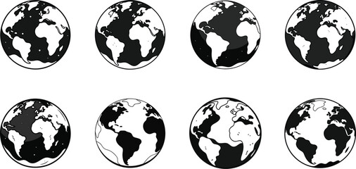 Black and white illustrations of Earth showing different continents and views