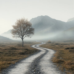 Winding Path Through Misty Mountain Landscape With Lone Tree. Serene And Tranquil Nature Scene
