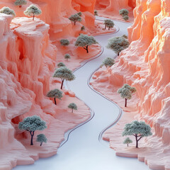Surreal Canyon Landscape With Winding Path And Scattered Trees. Artistic Interpretation Of Nature'S Beauty