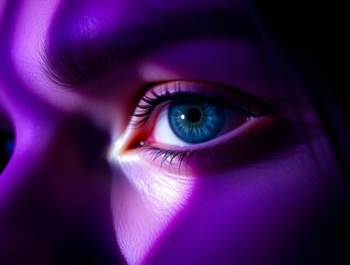 Fototapeta premium Professional photograph of a beautiful woman's eye, deep ultraviolet hues. Low-angle perspective, soft shadows, unsettling details, Photo of the Year style, soft contrast and saturation, dark tones.