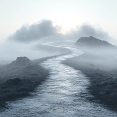 Winding Path Through Misty Landscape At Dawn. Journey Into The Unknown