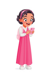 Cute little Arab student girl in school uniform excitedly staring at her cell phone. Cartoon vector illustration.