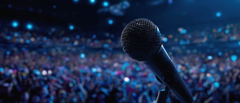 The Microphone on Stage Facing a Cheering Concert Crowd Under Blue Lights