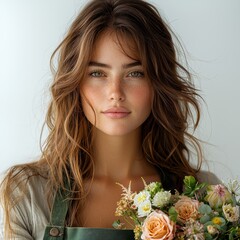 Portrait Of A Young Woman Holding A Bouquet Of Flowers. Natural Beauty And Floral Elegance