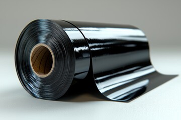 Roll Of Glossy Black Vinyl Film On White Surface. Material For Wrapping And Protective Applications