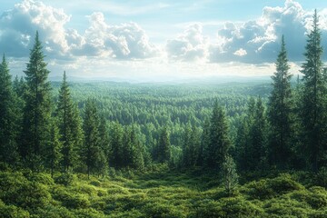 Lush Evergreen Forest Under Cloudy Sky. Serene Nature Landscape