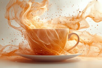 Cup Of Coffee With Swirling Cream And Dynamic Splash Effect. Captures The Art Of Coffee Preparation