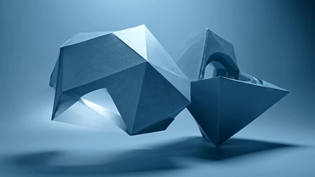 Abstract polyhedral geometric sculpture in shades of blue, modern design, intriguing