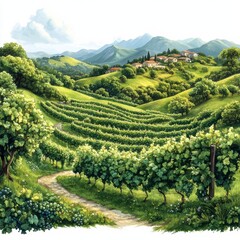 Vineyard Landscape With Rolling Hills And Distant Village. Serene Countryside Scene