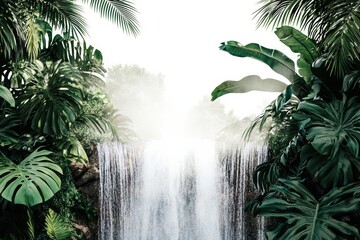 Tropical Waterfall Surrounded By Lush Greenery. Serene Nature Scene With Misty Atmosphere