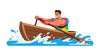 Dynamic Rowing: An illustration captures the intense focus and power of a rower propelling a wooden boat through choppy water, a visual testament to human strength and the thrill of water sports. © Abu