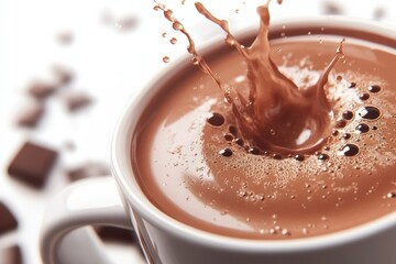 Cup Of Hot Chocolate With Splash Effect And Chocolate Pieces. Indulgent And Comforting Beverage Moment