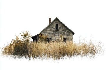Abandoned Rustic House Surrounded By Tall Grass. Symbol Of Isolation And Decay
