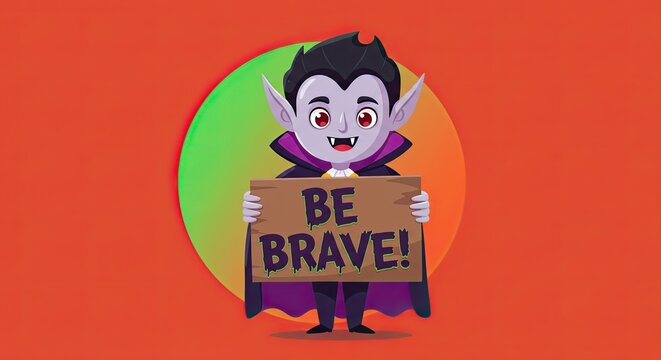 Cartoon Vampire Holding Sign with 'be Brave!' Message on Orange Background - Powered by Adobe