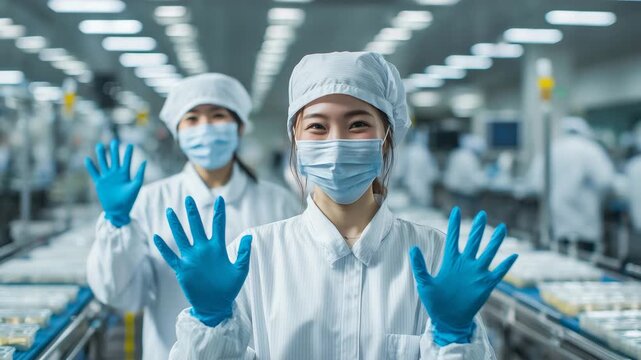 食品工場で手を振る日本人女性