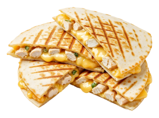 Quesadilla with cheese and chicken, cut into triangles , isolated on transparent background, png