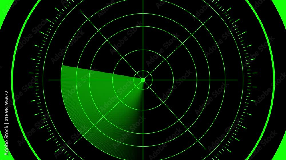 Poster green radar screen display with sweeping sonar pulse and radial indicating navigation. futuristic ra
