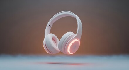 Modern white headphones with glowing pink accents floating in an abstract space