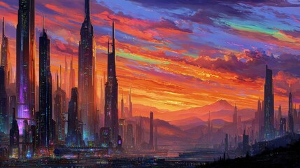 Fototapeta premium Futuristic Cityscape Sunset Panorama