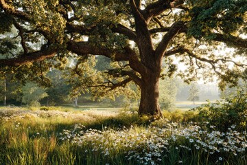 Fototapeta premium Sunlight streams through a large oak tree's canopy over a meadow filled with wildflowers