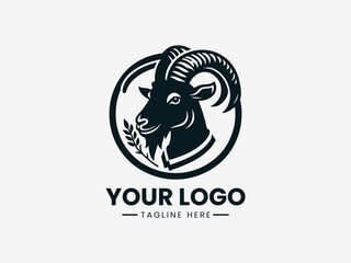 Fototapeta premium Goat head vector logo design inside circle frame eating green leaves