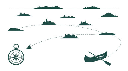 A canoe trip planned through islands with a compass showing the direction of the journey ahead now 100