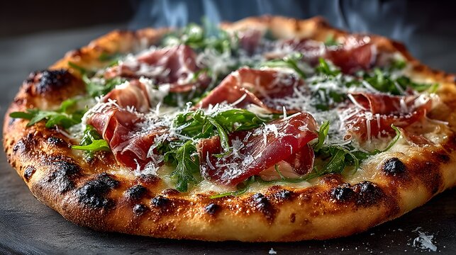 Delicious, rustic Neapolitan pizza topped with fresh prosciutto, wild arugula, and shaved parmesan, with a perfectly charred crust and a faint wisp of steam.