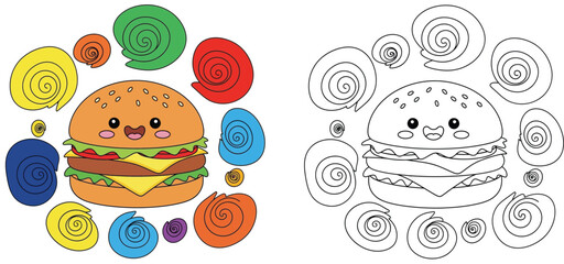 Cute Cartoon Burger with Colorful Swirls and Abstract Shapes