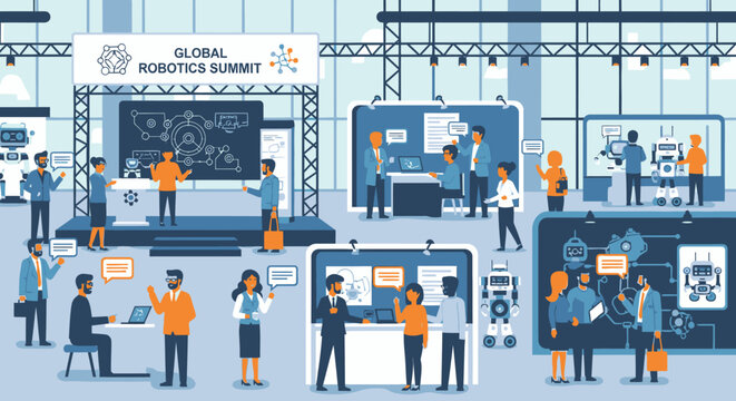Global Robotics Summit Illustration featuring engineers and robots at exhibition