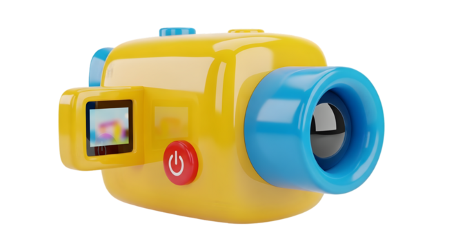 Childrens yellow and blue toy video camera isolated on white background