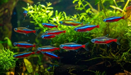 _A school of neon tetras swimming gracefully in a lush planted aquarium, their bright
