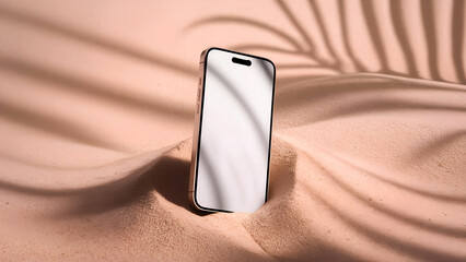 A sleek smartphone upright on a sandy surface, shadowed by palm leaves, highlighting vacation-inspired elegance and technology in a desert setting with minimalist design.