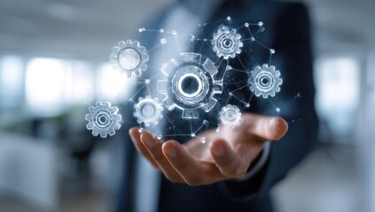 Futuristic Digital Gears Network Hologram Held in Hand.