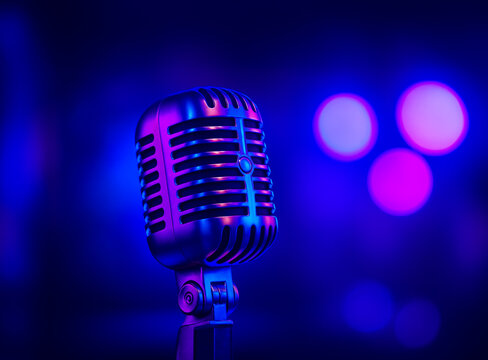Vintage microphone on stage with neon purple and blue lights, dramatic concert atmosphere, glowing reflections.
