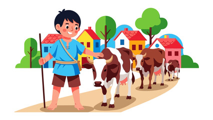Shepherd's Village: A young shepherd guides his herd of cows through a charming village setting, where colorful houses and lush trees add to the pastoral scene.