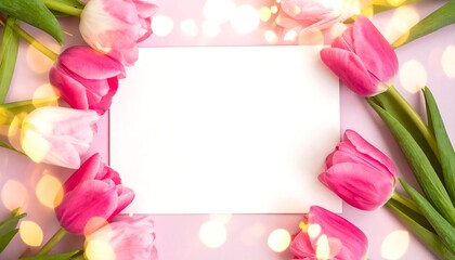 Pink tulips frame white paper