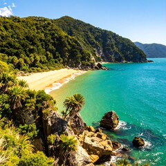 Scenic beach landscape with lush greenery and turquoise water