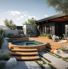 a desert modern rectangular backyard with black and wood accents,is a small white stucco back house with Spanish tiles, a circular cocktail pool with wooden steps up