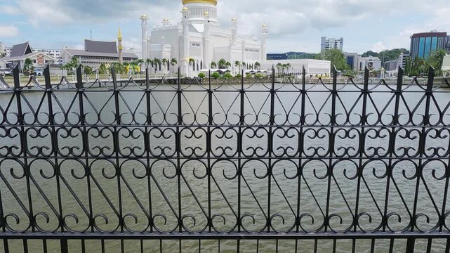 Cinematic view of Masjid Sultan Omar Ali Saifuddin Mosque in Bandar Seri Begawan, Brunei Darussalam.