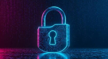 Futuristic digital security concept with a glowing neon padlock icon symbolizing data encryption and online privacy