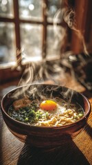 Steaming Bowl Of Ramen With Sunny Window Light