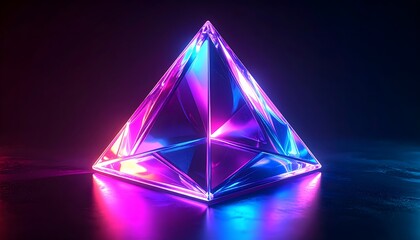 Luminous Crystal Pyramid Radiating Neon Hues on Dark Reflective Surface